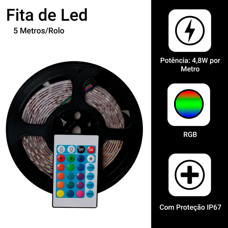 Fita LED RGB à Prova d'Água da Marca RY - Iluminação Versátil e Vibrante!